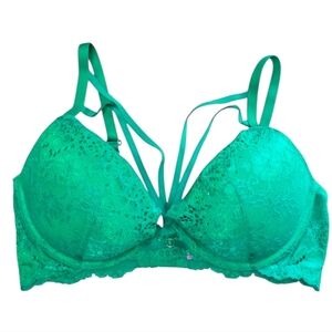 La SENZA Vibrant Green Lace Bra With Rhinestone Bling Sexy Size 36D Strappy